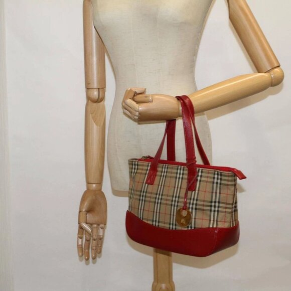 BURBERRY Nova Check Hand Bag Canvas Beige Red Auth - Picture 1 of 16